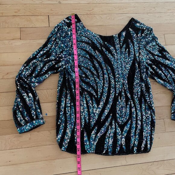 Vintage Oleg Cassini Sequin Top Small 80s Glam Iridescent Blue Black Beaded NYE - Picture 9 of 10